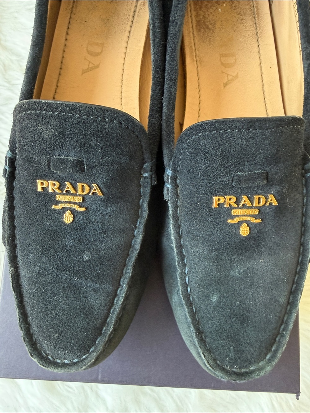 Prada Dark Navy Suede Women's Slip-On Loafers with Gold Logo - Picture 8 of 11